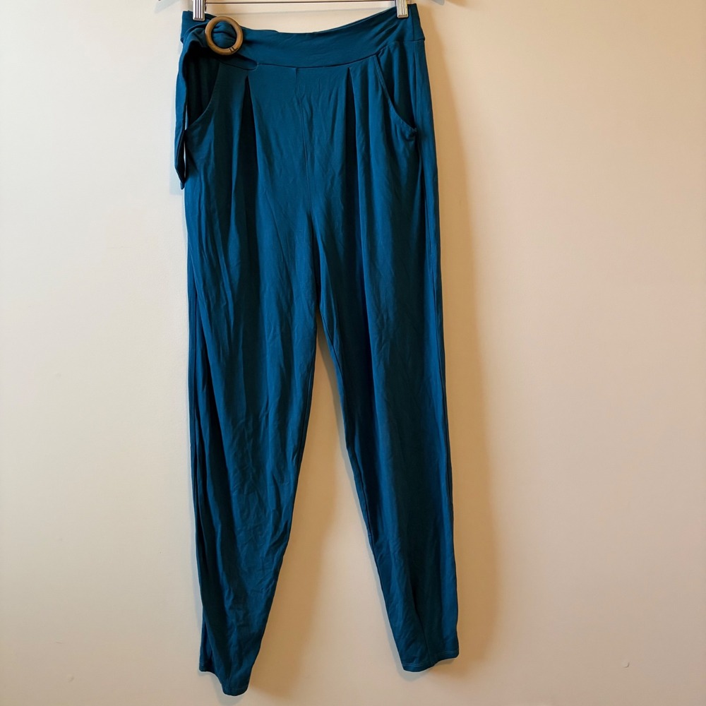 Les Lunes Paris Teal Blue Bamboo Harem Pants Wooden Ring Detail S/M Pleated Boho